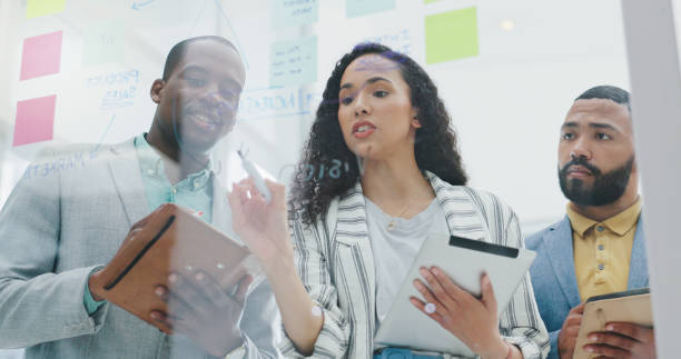 istock Tablet, glass and business people in office with notes, planning and brainstorming ideas for sales. Boardroom, teamwork and manager with employees for discussion, share tips or solution with writing 2174402827