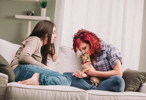 istock Two young women relaxing on sofa with pet dog 2174413492