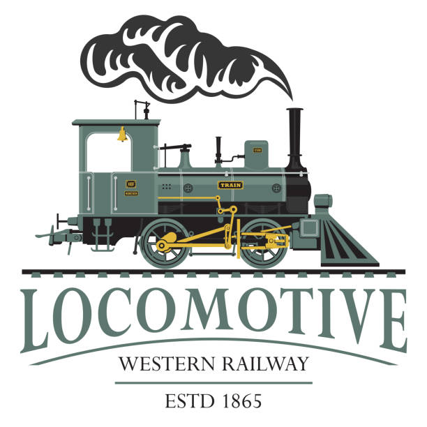 vector retro logo or emblem with drawing of a vintage railway steam locomotive in cartoon style