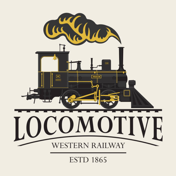 vector retro logo or emblem with drawing of a vintage railway steam locomotive in cartoon style