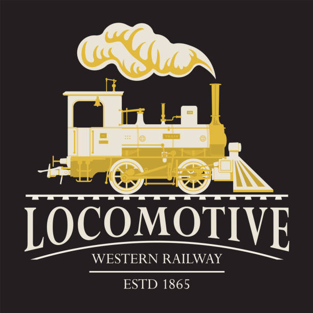 vector retro logo or emblem with drawing of a vintage railway steam locomotive in cartoon style