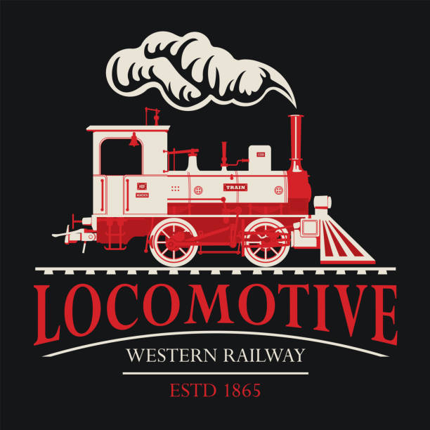 vector retro logo or emblem with drawing of a vintage railway steam locomotive in cartoon style