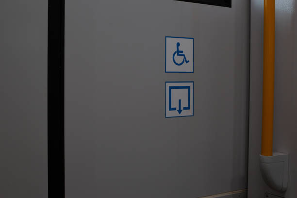 Ramp sign for disabled people in public transport, ramp for wheelchairs in train, sticker about an accessible way to get off the transport
