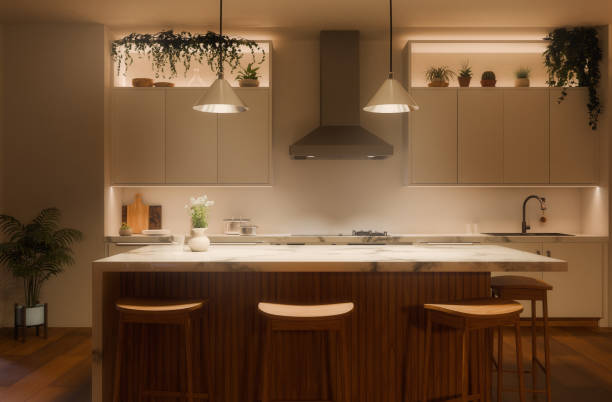 istock Domestic kitchen with warm lighting and inviting atmosphere at night 2174423339