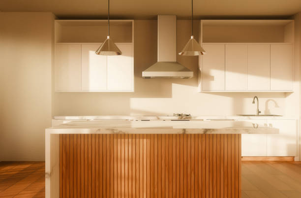 Interior of empty domestic kitchen with kitchen island, created in 3D, featuring bright daylight, vent hood, and cabinets for a spacious look.