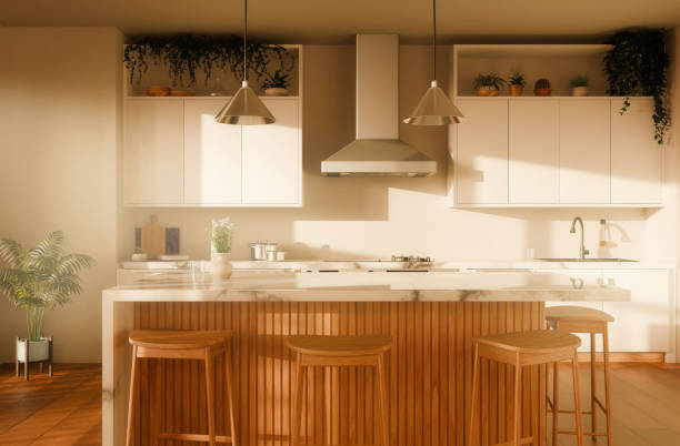 istock interior of domestic kitchen with island, stools, and cabinets in bright daylight 2174423364