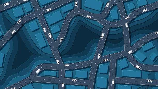 istock Traffic intersection from top view with cars. Concept vehicle with road and crossroad. Generic city map with signs of streets, roads. Abstract navigation plan of small urban area. Vector illustration 2174423423