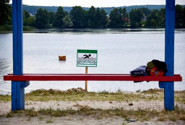 istock A tranquil lakeside view featuring a swimming sign on a summer afternoon 2174423571