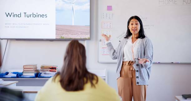 istock Learning, wind turbine and lecture with teacher in classroom for education, sustainability and energy. Environment, global warming and future with people at school for course, development and academy 2174424638
