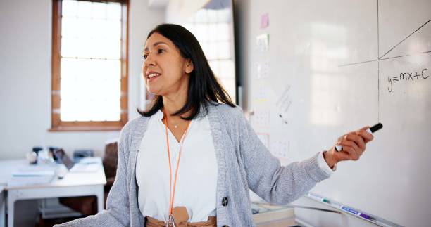 istock Teacher, whiteboard and pointing in classroom, education and questions for math, teaching and woman. College, educator and person in school, smile and revision of assessment, academy and knowledge 2174424671