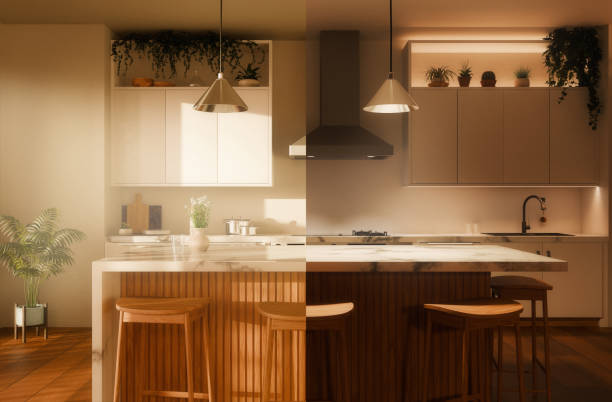 istock Split screen of domestic kitchen in day and night with island 2174425323
