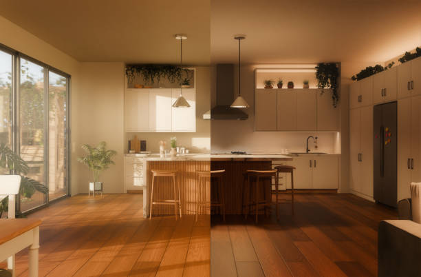 istock Split screen of kitchen in day and night with island and pendant light 2174425325