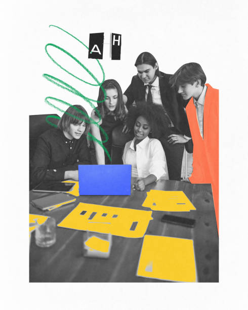 istock Contemporary art collage. Focused business team studies data on laptop during meeting. Creative lines and colorful abstract shapes on backdrop. 2174425939