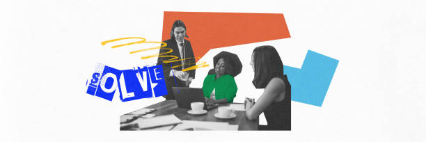 istock Contemporary art collage. Team collaborates around table, reviewing documents and brainstorming solutions for business project, blending modernity with creativity. 2174425953