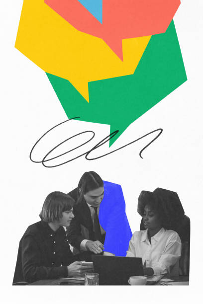 Contemporary art collage. Creative, vibrant meeting scene with consultants analyzing data and shaping direction of their business strategy.