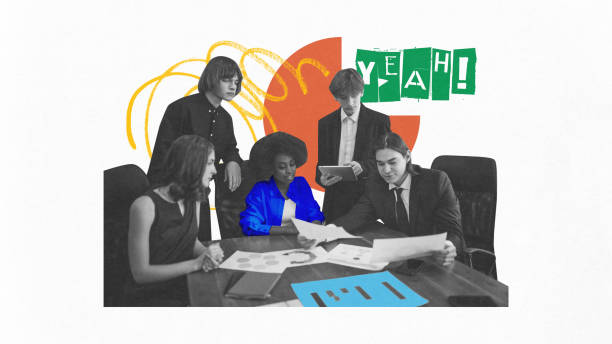 istock Contemporary art collage. Group of professionals reviews documents, with bright Yeah graphic suggesting energized agreement or realization during meeting. 2174426010