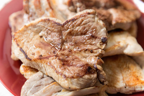 Grilled pork, turkey breast and pork belly slices on plate, close up