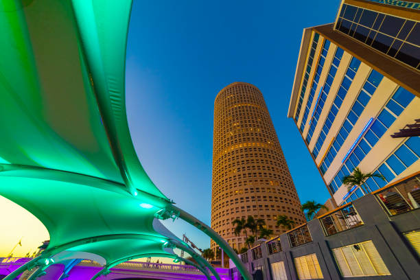 Tampa Riverwalk under a blue sky at sunset. Florida, USA