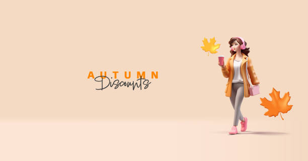 3D, A young girl is walking with a coffee, listening to her favorite music, and autumn leaves around. Modern fashion girl for autumn discounts, sales, lifestyle, and leisure concepts. Vector 3D, A young girl is walking with a coffee, listening to her favorite music, and autumn leaves around. Modern fashion girl for autumn discounts, sales, lifestyle, and leisure concepts. Vector illustration. free thanksgiving pic stock illustrations