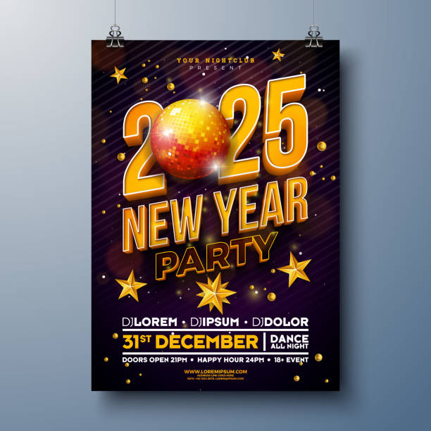 Happy New Year 2025 Party Celebration Poster Template Illustration with Shiny Disco Ball and 3d Typography Lettering on Black Background. Vector New Year Eve Holiday Design. Premium Invitation Flyer or Promo Banner. Happy New Year 2025 Party Celebration Poster Template Illustration with Shiny Disco Ball and 3d Typography Lettering on Black Background. Vector New Year Eve Holiday Design. Premium Invitation Flyer or Promo Banner new years eve party stock illustrations