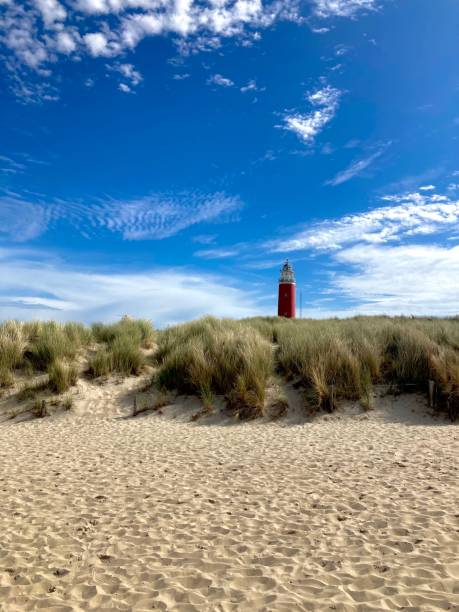 istock Panoramic view of red and white lighthouse on Texel looking from the seaside standing on the white sandy beach with grassy dunes. 2174439859