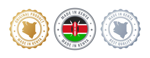 Made in Kenya - set of stamps with map and flag. Best quality. Original product. Vector illustration