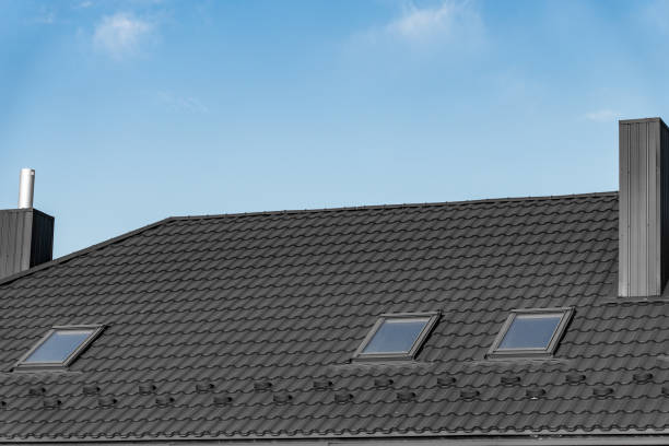 istock A contemporary black roof structure showcases several skylights, allowing natural light to enter the interior, all set against a bright, clear sky typical of a sunny day 2174442812