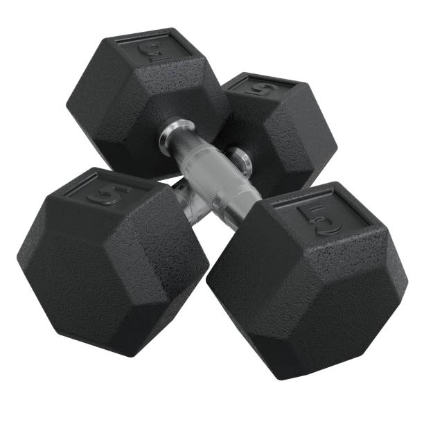 istock Two Hex Dumbbells with number 5, weightlifting gym equipment 2174449095
