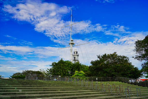 View of the Fort Cornwallis lighthouse,made of steel in 1882,21 m tall and 2nd highest in Malaysia with a crows nest mast as an additional lookout feature in George Town,Penang,Malaysia