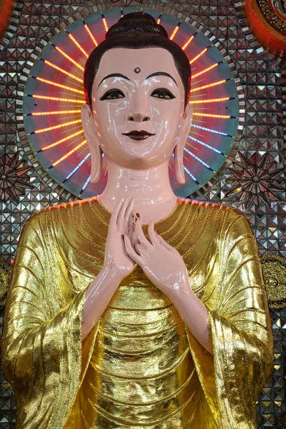 Main Buddha statue inside the first shrine of the Dhammikarama Burmese temple, a Theravada Buddhist shrine established in 1803 in George Town,Penang,Malaysia