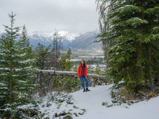 istock Woman hiking through pine tree forest in Banff National Park in winter 2174458708