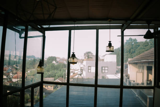Beautiful hanging restaurant lights create a warm and inviting ambiance.