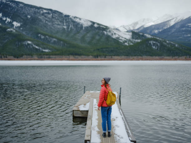 istock Woman exploring Two Jack Lake in Banff in winter 2174461769