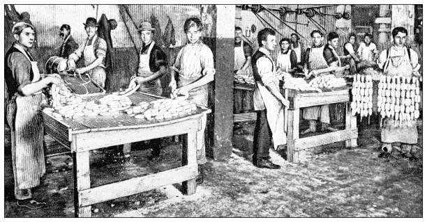 Antique image: Food industry, meat slaughterhouse, filling sausages