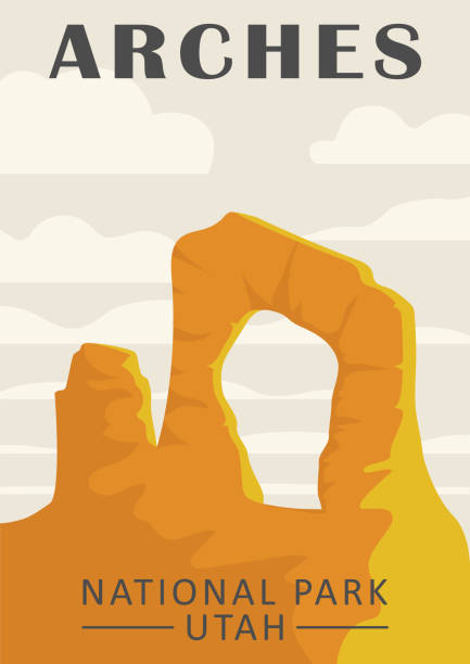 Arches national park outdoor adventure poster. Utah landscape illustration. Monument Valley, Arizona. Minimalist Australian panorama poster. Vector art 2d print