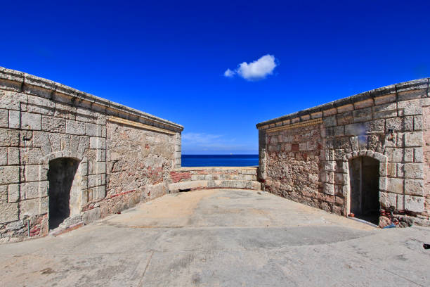 The image shows an open area between two stone structures, which appear to be part of a historical fortification. The stone walls are weathered, suggesting that the structure is quite old. The architecture features arched doorways leading into the two stone buildings, likely used for storage or protection in the past.\nIn the background, the vivid blue of the sea contrasts sharply with the bright, clear sky above. The horizon is visible, creating a sense of openness beyond the confines of the fortification. A small cloud adds a subtle detail to the sky, while the strong sunlight casts minimal shadows, highlighting the texture of the stone.