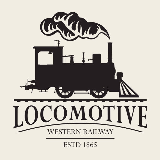 vector retro logo or emblem with drawing of a vintage railway steam locomotive in cartoon style