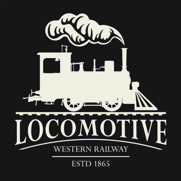 vector retro logo or emblem with drawing of a vintage railway steam locomotive in cartoon style