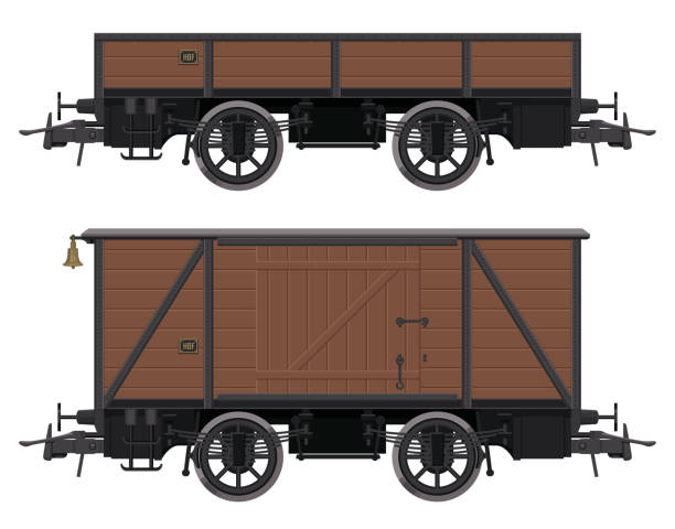 set vector drawing of vintage retro railway freight wooden wagon carriage in cartoon style