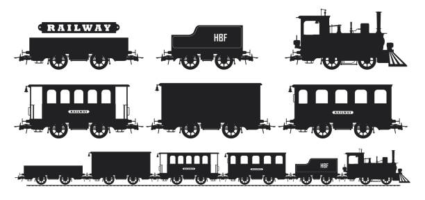 Set of vector drawings of railway transport silhouettes. Vintage steam locomotive, passenger and freight railway cars carriage.