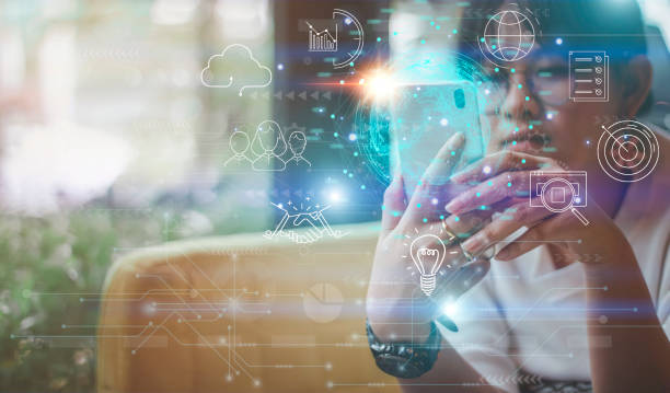 istock Women Hand holding virtual Global Internet connection, Global internet connection application technology, digital marketing, Financial and banking, Digital link tech, Big data, technology concept. 2174519244