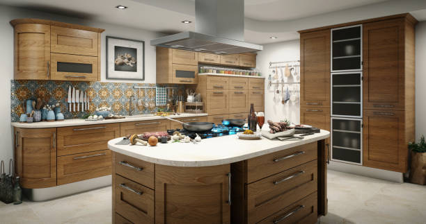 Rustic Domestic Kitchen with Ornate Backsplash and Wood Finishes