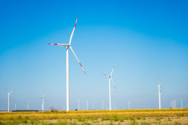 istock Renewable energy wind farm with wind turbines under bright sunny skies 2174532498