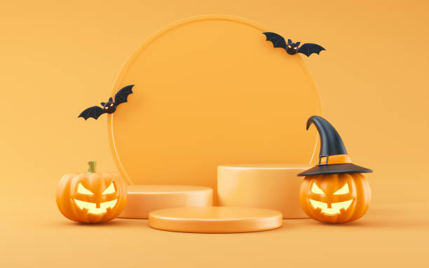 istock Jack-o-Lantern pumpkin in Witch hat on empty product podiums, Flying bats on Orange background 2174543049