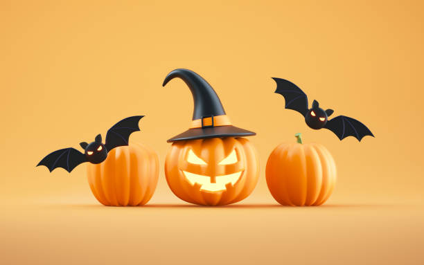 Jack-o-Lantern pumpkins and bats on orange background. Happy Halloween concept. Traditional October holiday. 3d rendering illustration