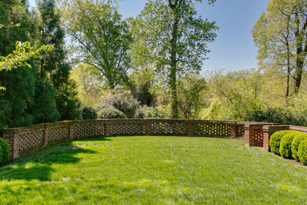 Empty backyard with green grass and brick fence