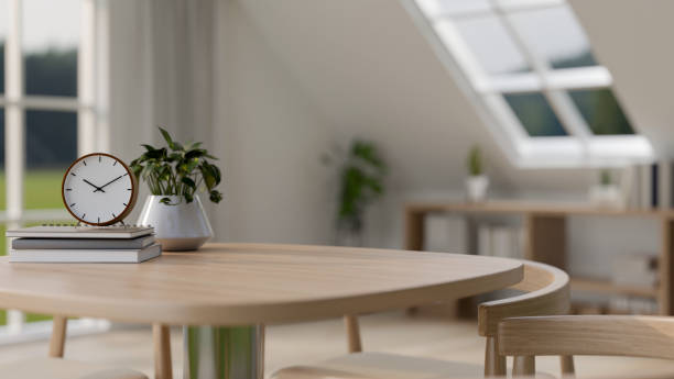 istock A minimalist wooden table featuring copy space for displaying products, set in a minimalist home. 2174546433