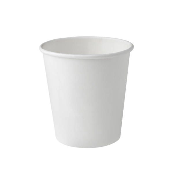 Front view of white blank disposable paper sampling cup isolated on white