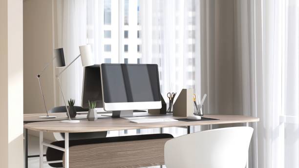 istock Modern wooden working desk with computer, lamp with chair against mirror wall in sunlight from window with sheer curtain on beige wall room for interior design decoration, product background 3D 2174547977
