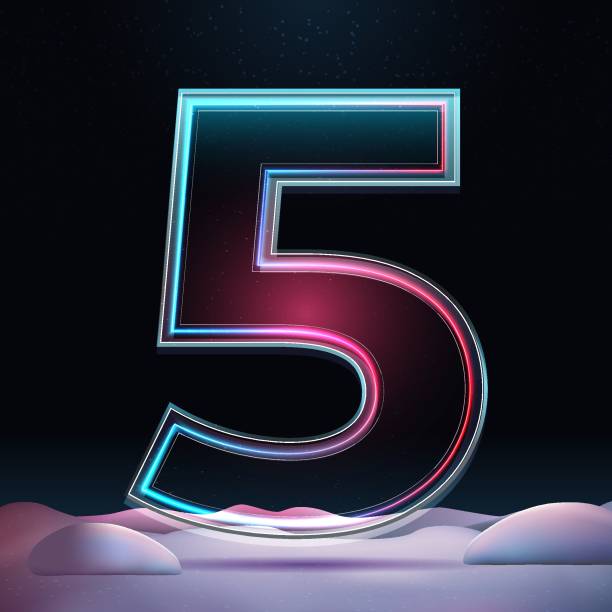 istock 3D glass number 5 with neon light insight. Big relistic symbol with sparkles and winter background. Futuristic holiday decoration. Element for design poster, advertisign or game 2174548350